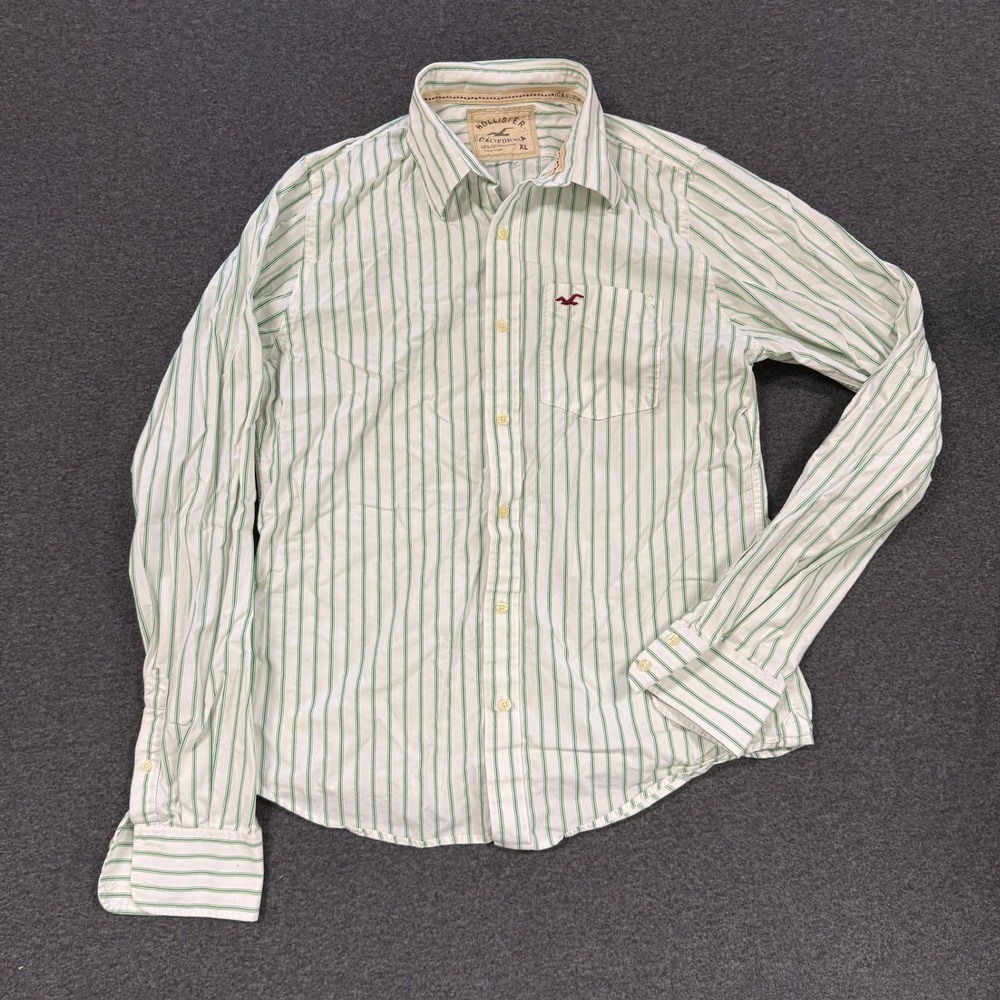 Y2K Hollister Button Down Shirt Mens XL Green White Good Striped Long Sleeve